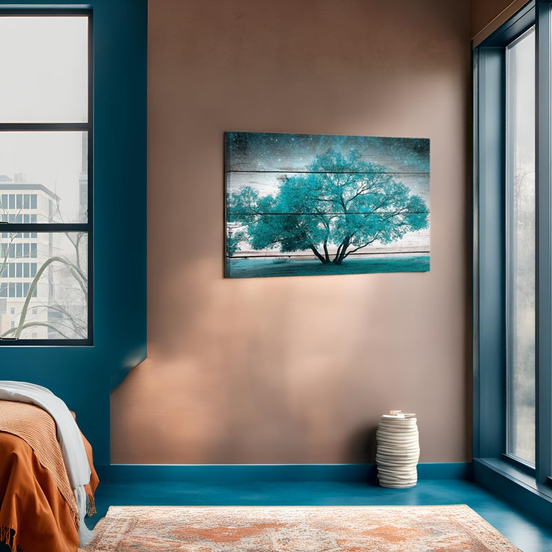 LevvArts - Canvas Prints Wall Art Teal Tree on Vintage Wood Style Wall Decor Modern Landscape Pictures for Living Room Bedroom Office Decor Stretched and Framed Artwork Ready to Hang - Image 4